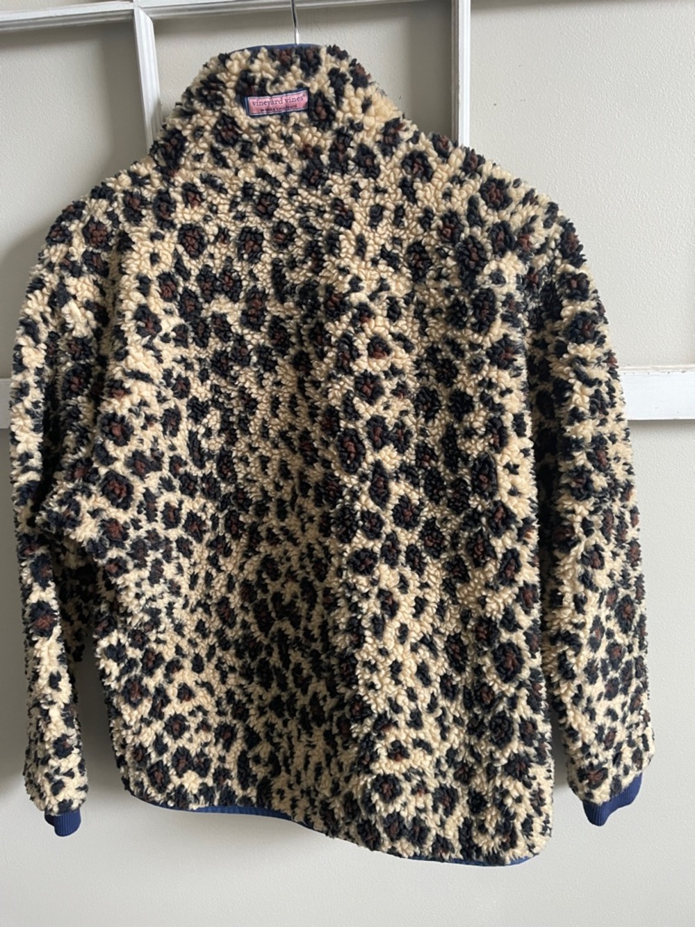 Vineyard Vines Leopard Sherpa Pullover in Cream, Black & Red - Picture 6 of 14